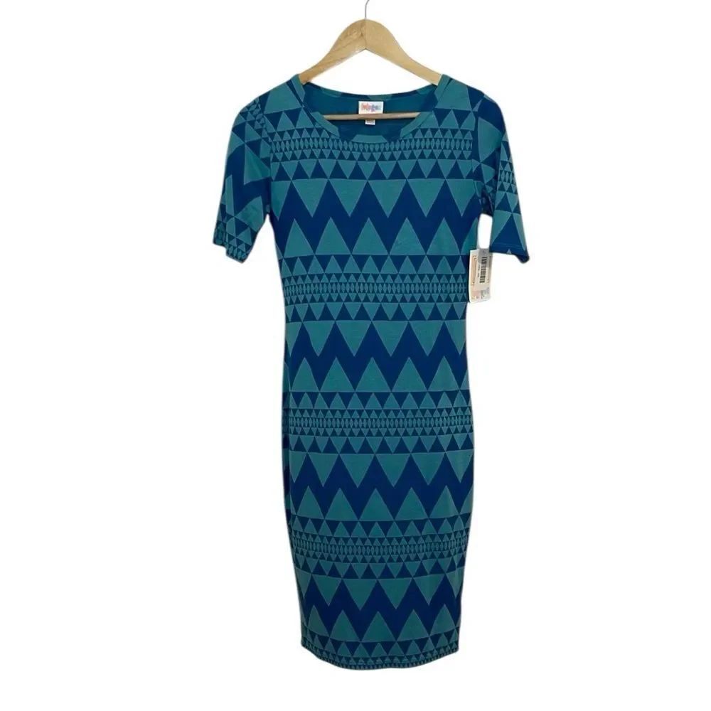 LuLaRoe Blue Geometric Bodycan Dress, Julia, XS
